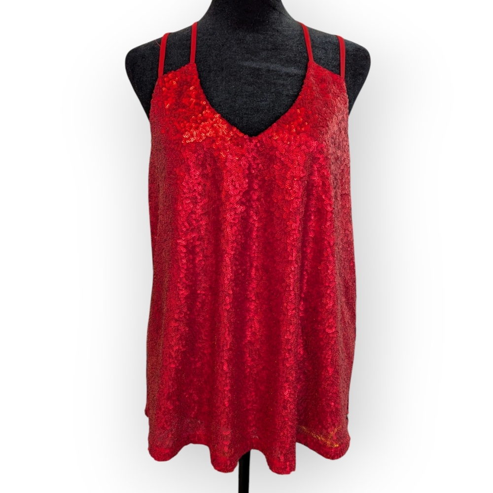 2 Guess Sequined Spaghetti Strap Tops Blouses Shirts Red Black - Picture 3 of 12